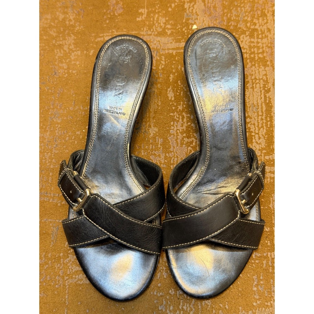 Bally Black Leather Buckle Slide Sandals Kitten Heel Swiss Made Womens 6 36.5